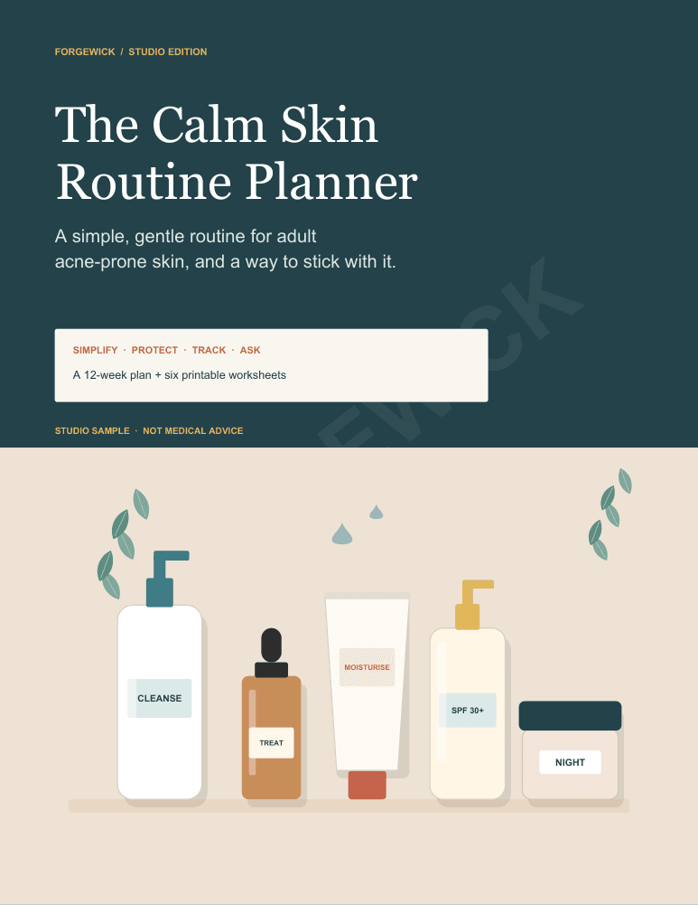 The actual cover of The Calm Skin Routine Planner, a Forgewick studio edition with illustrated cleanser, treatment, moisturiser, sunscreen and night cream bottles on a shelf