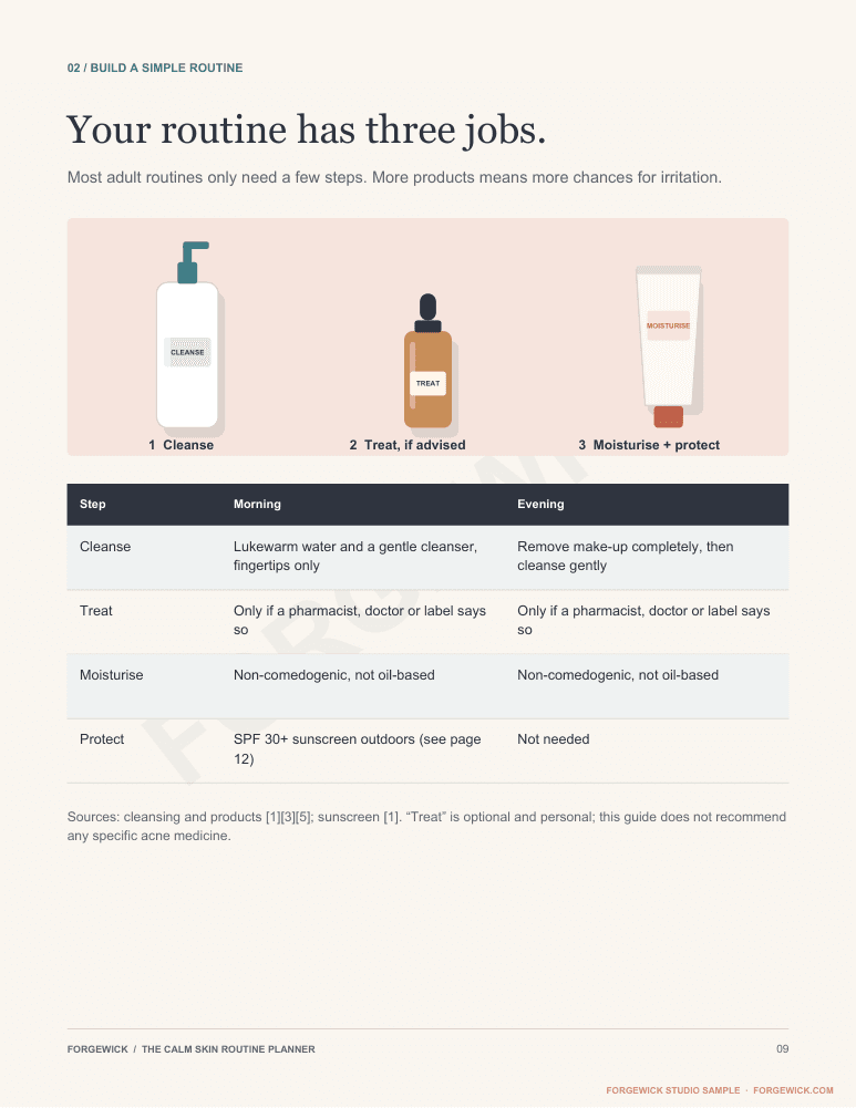 Page 9: an illustrated three-step routine of cleanse, treat if advised, and moisturise plus protect, with a morning and evening table