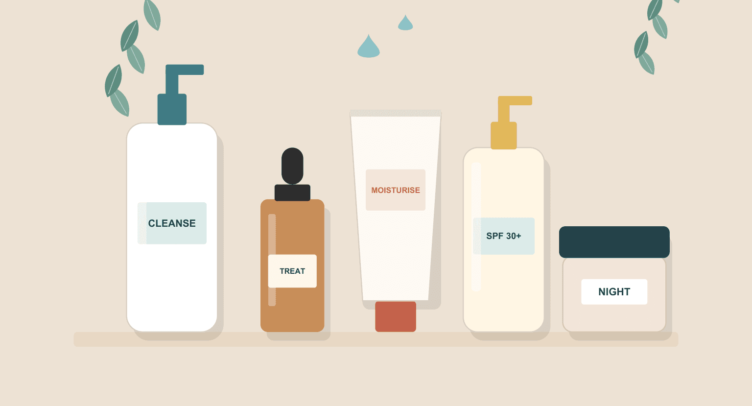 Original illustration of a simple skincare shelf from the ebook: cleanser, treatment, moisturiser, sunscreen and night cream