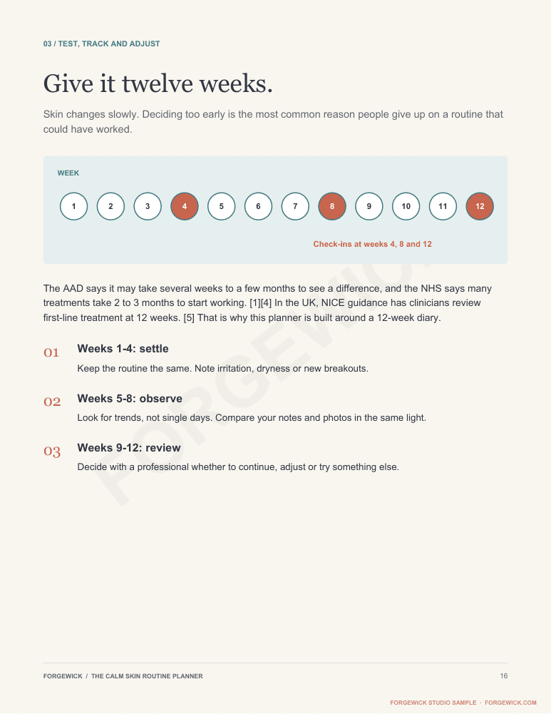 Page 16: a twelve-week timeline with check-ins at weeks 4, 8 and 12