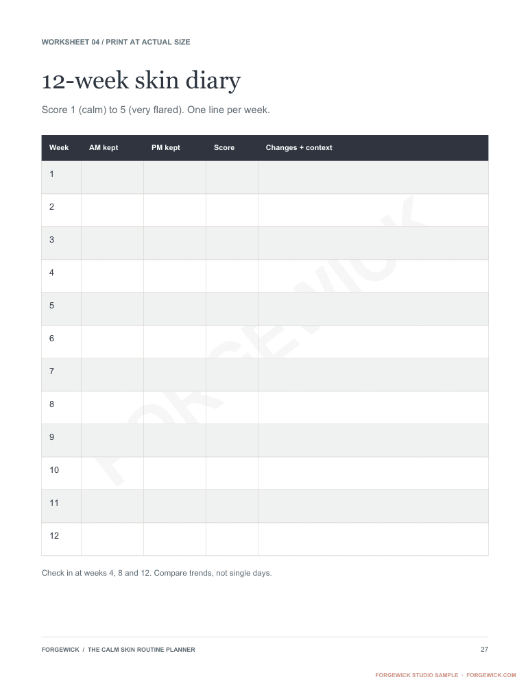 Page 27: a printable 12-week skin diary worksheet