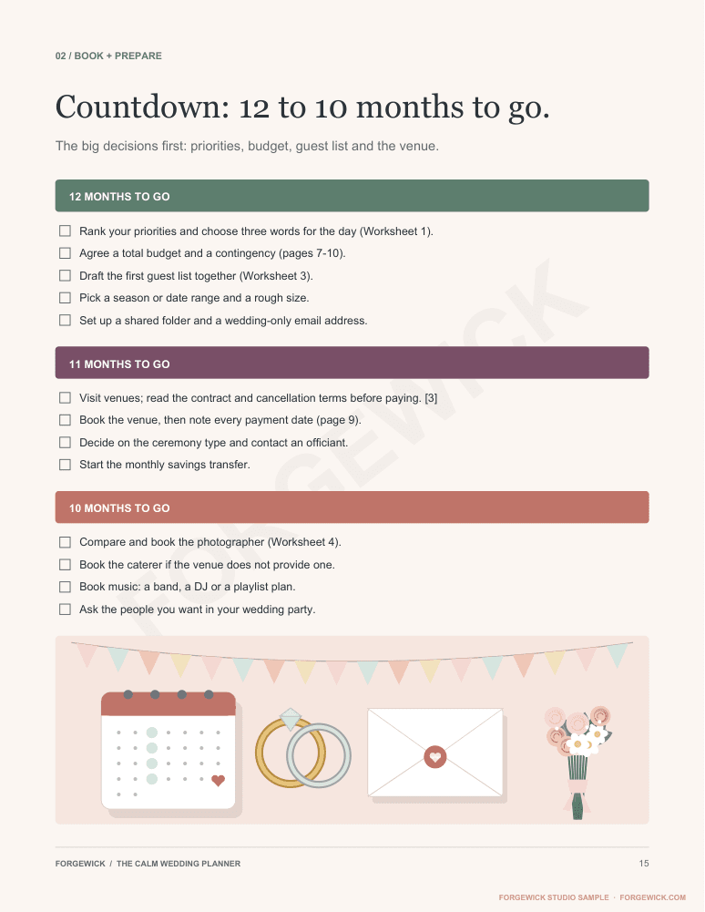 Page 15: a tick-box countdown checklist for 12, 11 and 10 months before the wedding