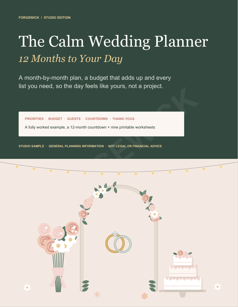 The actual cover of The Calm Wedding Planner: 12 Months to Your Day, a Forgewick studio edition with an illustrated floral arch, wedding rings, a bouquet and a tiered cake