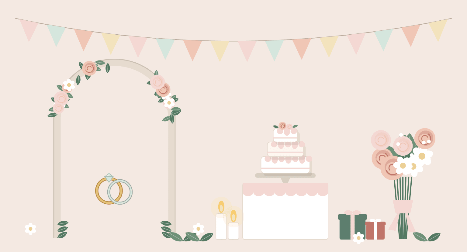 Original illustration from the ebook: a floral arch with wedding rings, bunting, a tiered cake on a draped table, candles, gifts and a bouquet