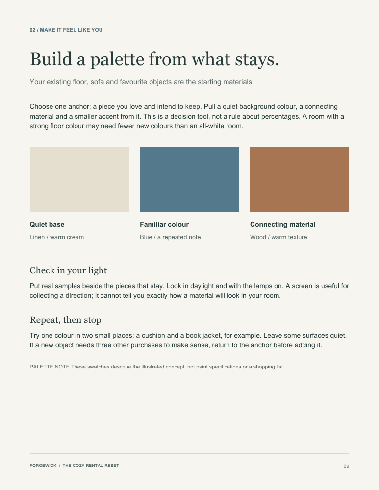 Page 9: build a palette from existing furniture, with cream, blue and wood swatches