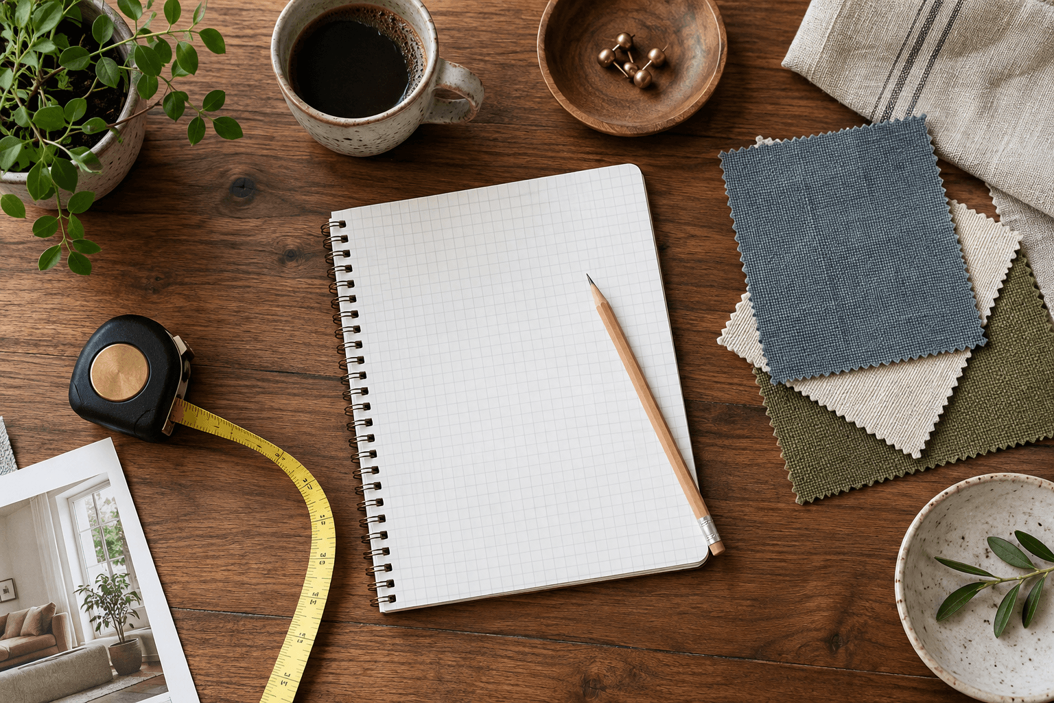 Illustrative planning desk with a notebook, tape measure and fabric swatches