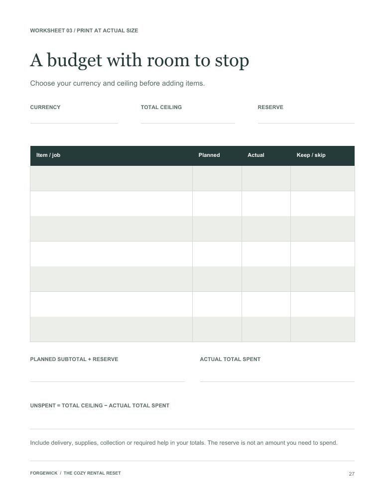Page 27: a printable budget worksheet with planned and actual spending columns