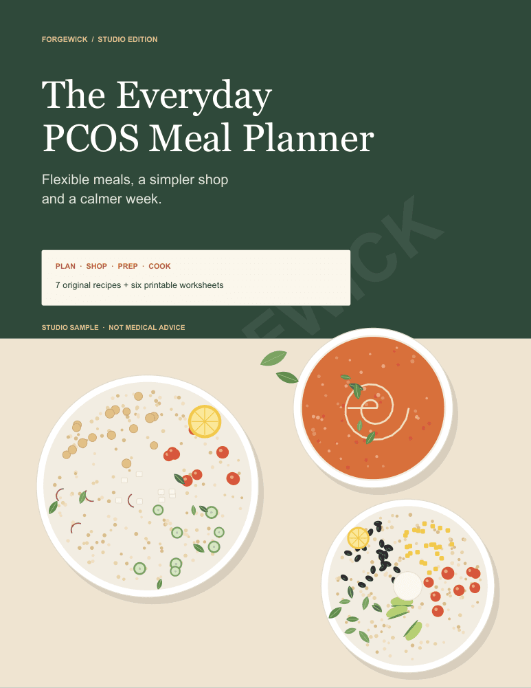 The actual cover of The Everyday PCOS Meal Planner, a Forgewick studio edition with illustrated grain, soup and burrito bowls