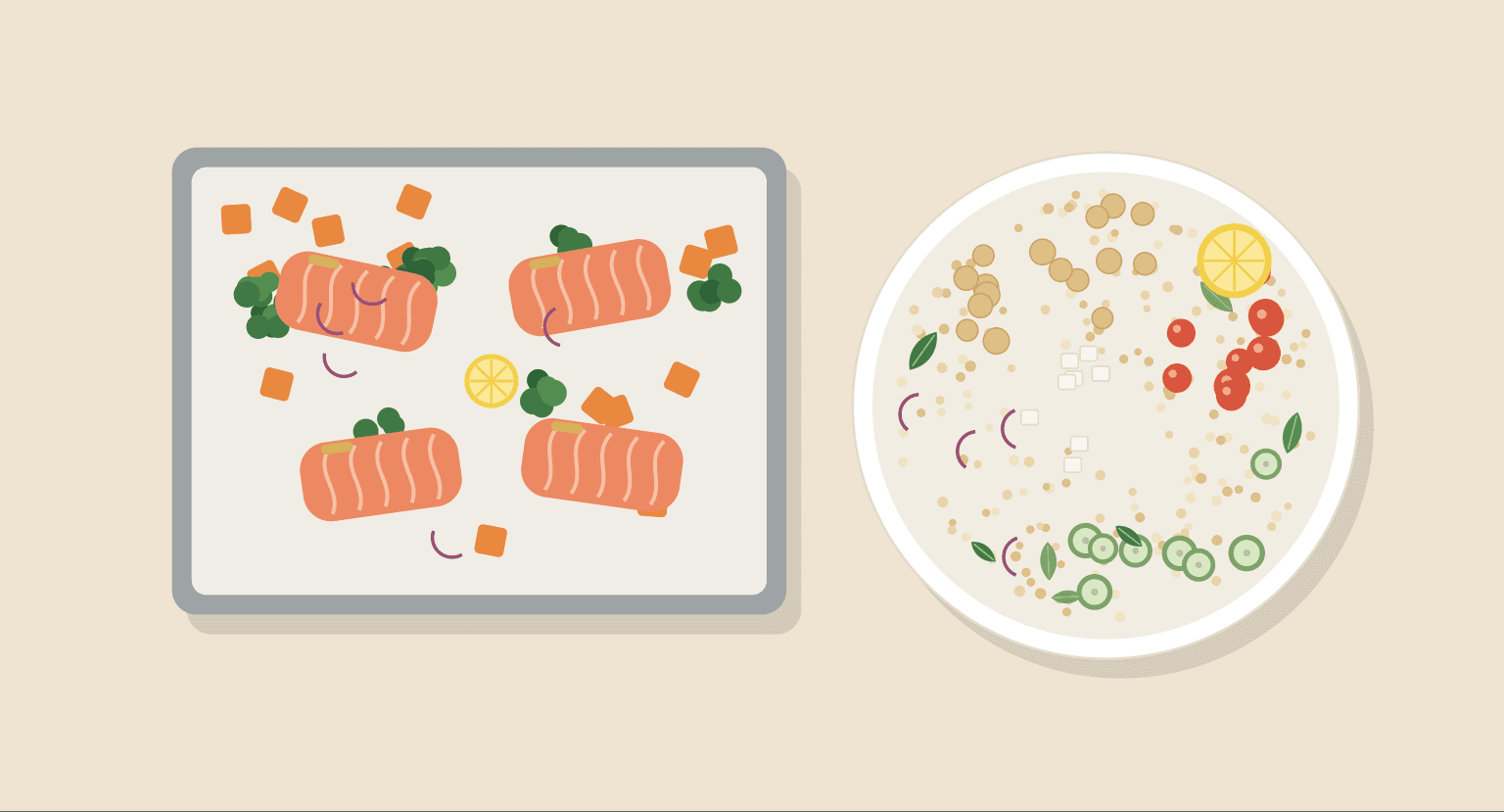 Original illustration of a salmon traybake and a chickpea grain bowl from the ebook