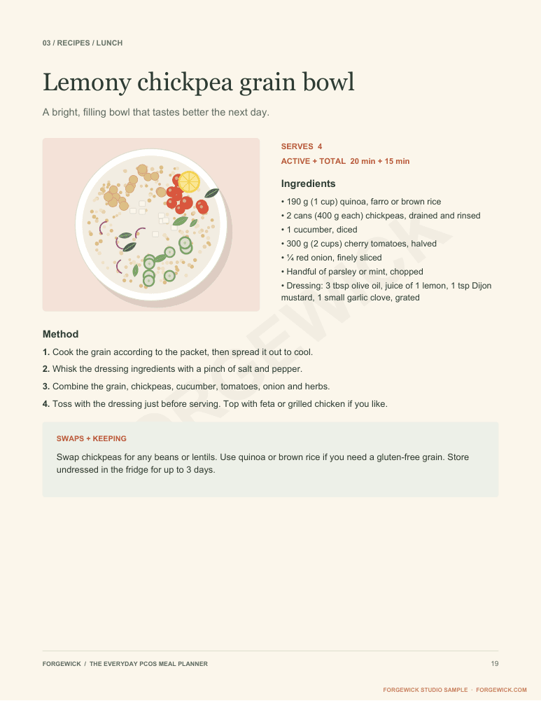 Page 19: the lemony chickpea grain bowl recipe with an illustration, ingredients and method