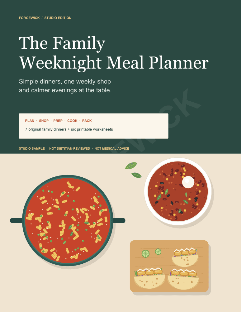 The actual cover of The Family Weeknight Meal Planner, a Forgewick studio edition with an illustrated pasta pot, a bowl of chili and fish-finger tacos