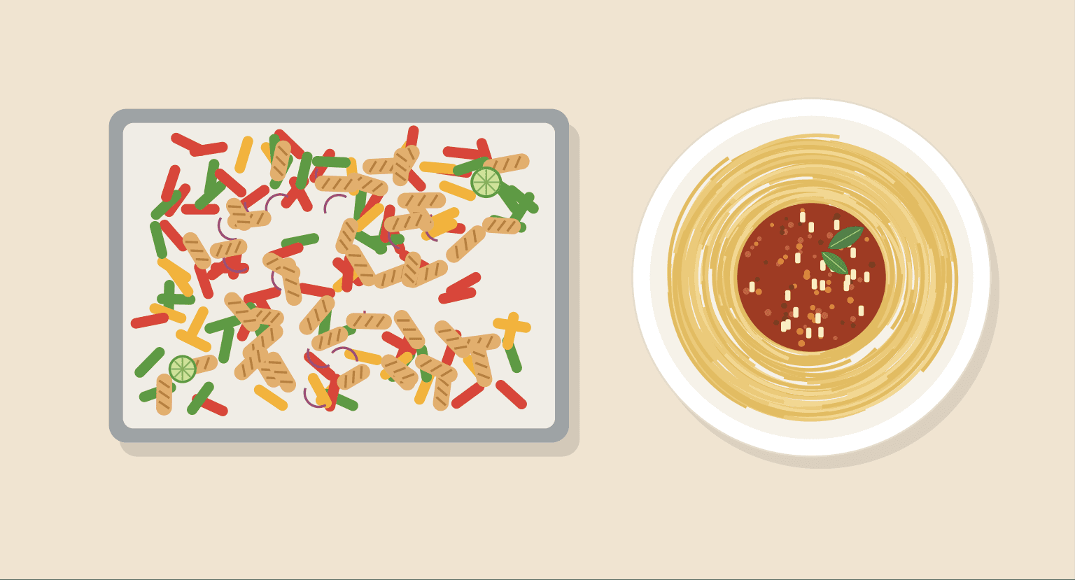 Original illustration from the ebook: a tray of sheet-pan chicken fajitas and a plate of lentil bolognese