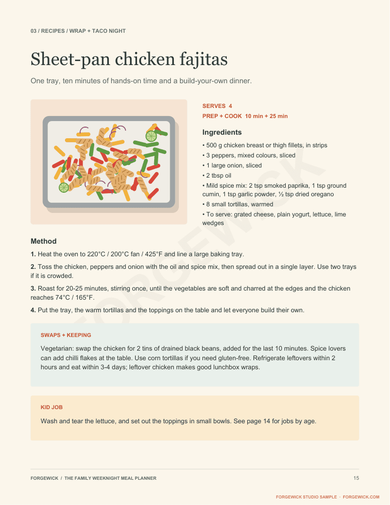 Page 15: the sheet-pan chicken fajitas recipe with an illustration, ingredients, method and a kid job