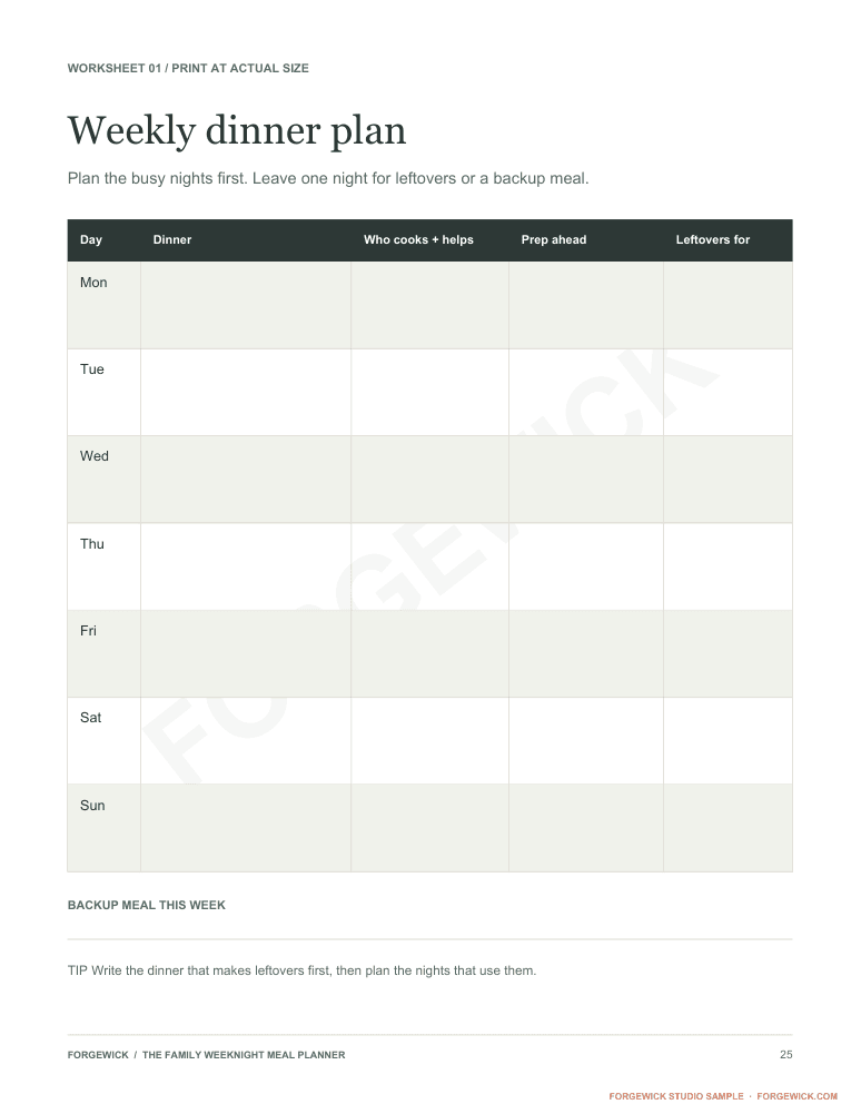 Page 25: a printable weekly dinner plan worksheet