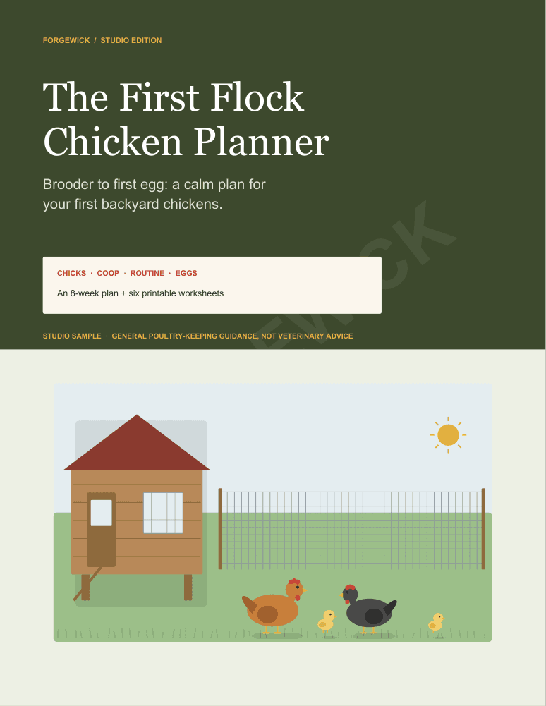 The actual cover of The First Loaf Sourdough Planner, a Forgewick studio edition with an illustrated coop, hens and chicks in a garden run