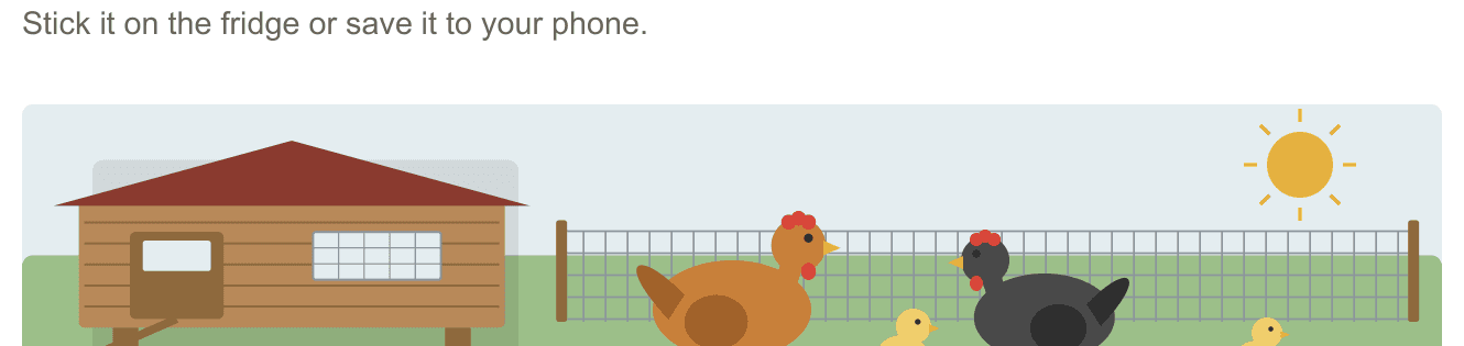 Original illustration from the ebook: a raised coop, a wire run, two hens and chicks on grass under the sun