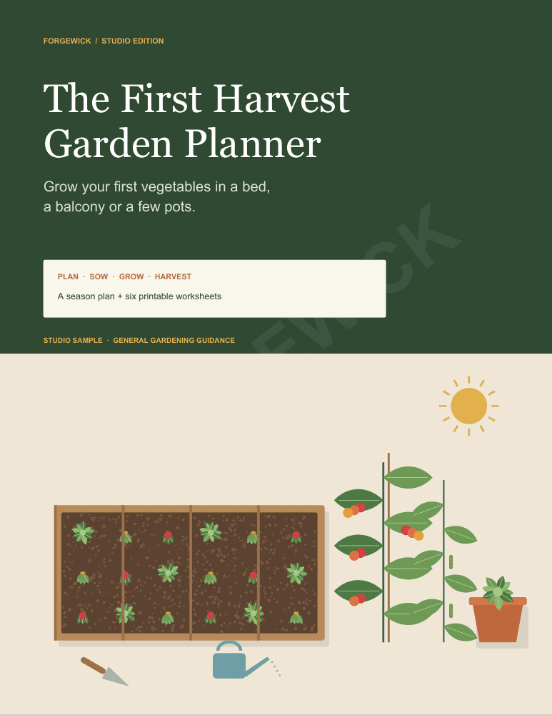 The actual cover of The First Harvest Garden Planner, a Forgewick studio edition with an illustrated raised bed, tomato and bean plants and a watering can