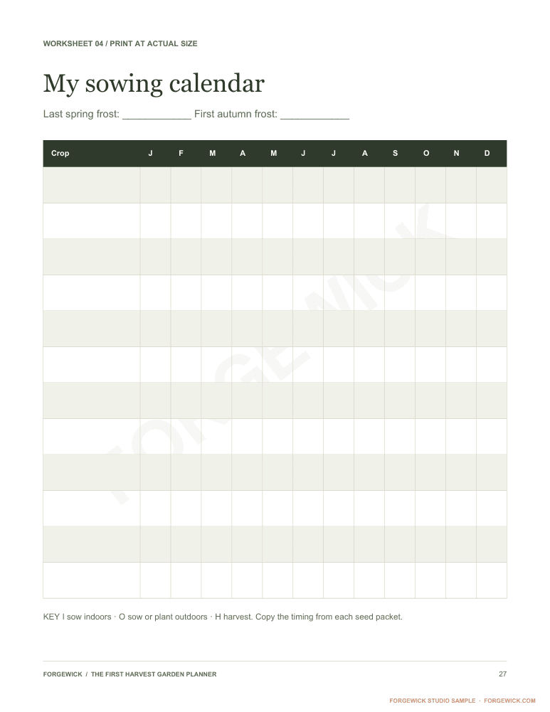 Page 27: a printable twelve-month sowing calendar worksheet