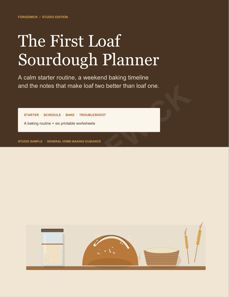 The actual cover of The First Loaf Sourdough Planner, a Forgewick studio edition with an illustrated starter jar, a scored loaf, a banneton and wheat