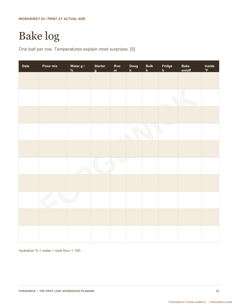 Page 26: a printable bake log with temperatures and timings