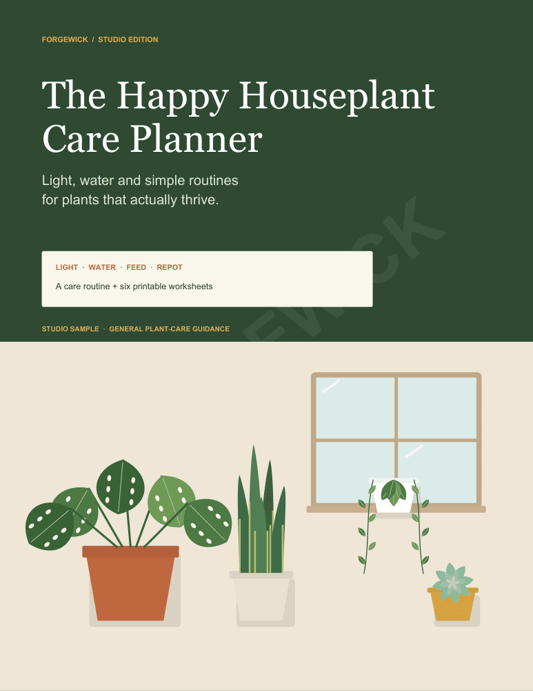 The actual cover of The Happy Houseplant Care Planner, a Forgewick studio edition with an illustrated pilea, snake plant, trailing pothos, succulent and a window