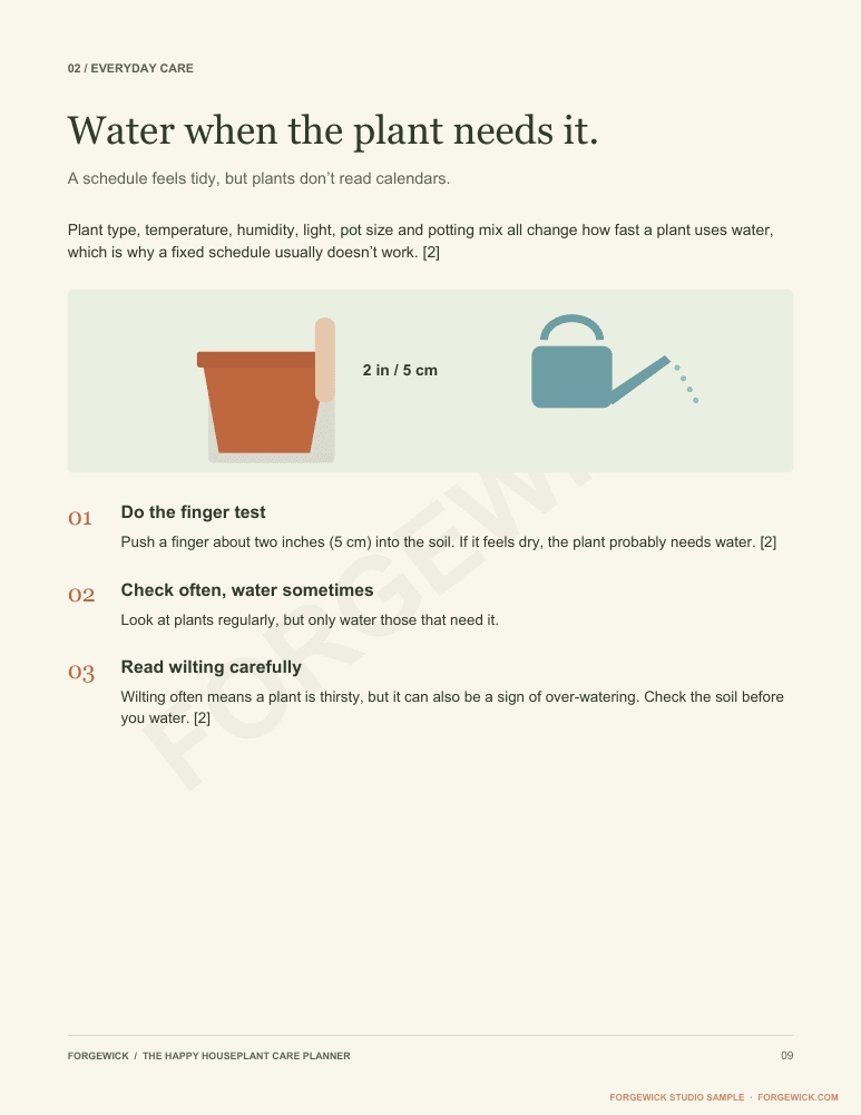 Page 9: water when the plant needs it, with the two-inch finger test