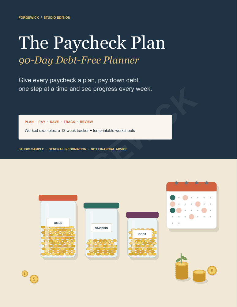 The actual cover of The Paycheck Plan: 90-Day Debt-Free Planner, a Forgewick studio edition with illustrated savings jars labelled bills, savings and debt, a calendar and stacks of coins