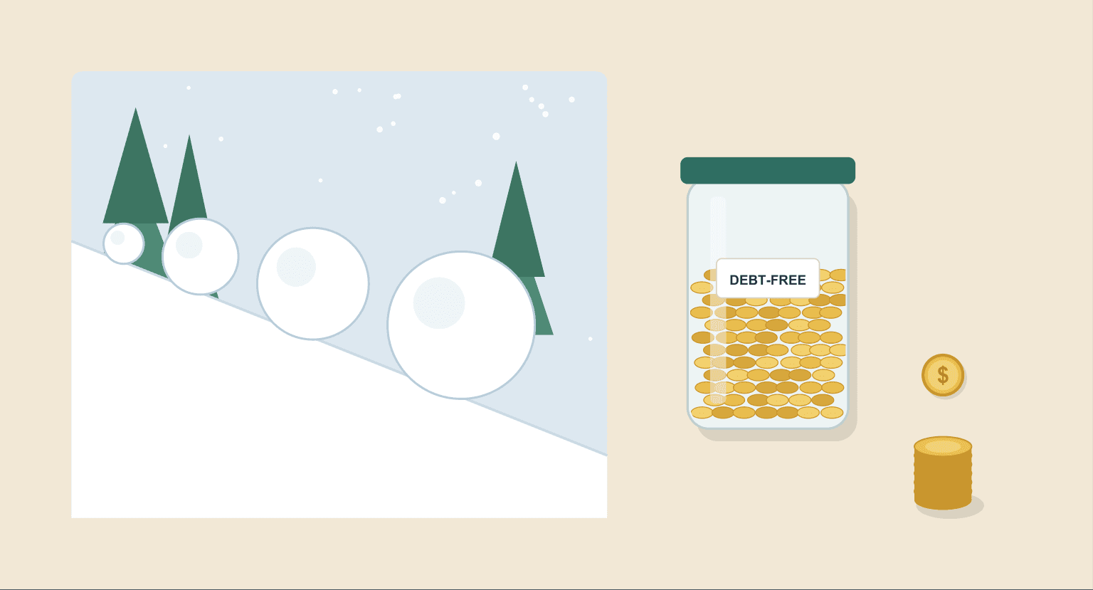 Original illustration from the ebook: snowballs growing as they roll down a hill beside a jar of coins labelled debt-free