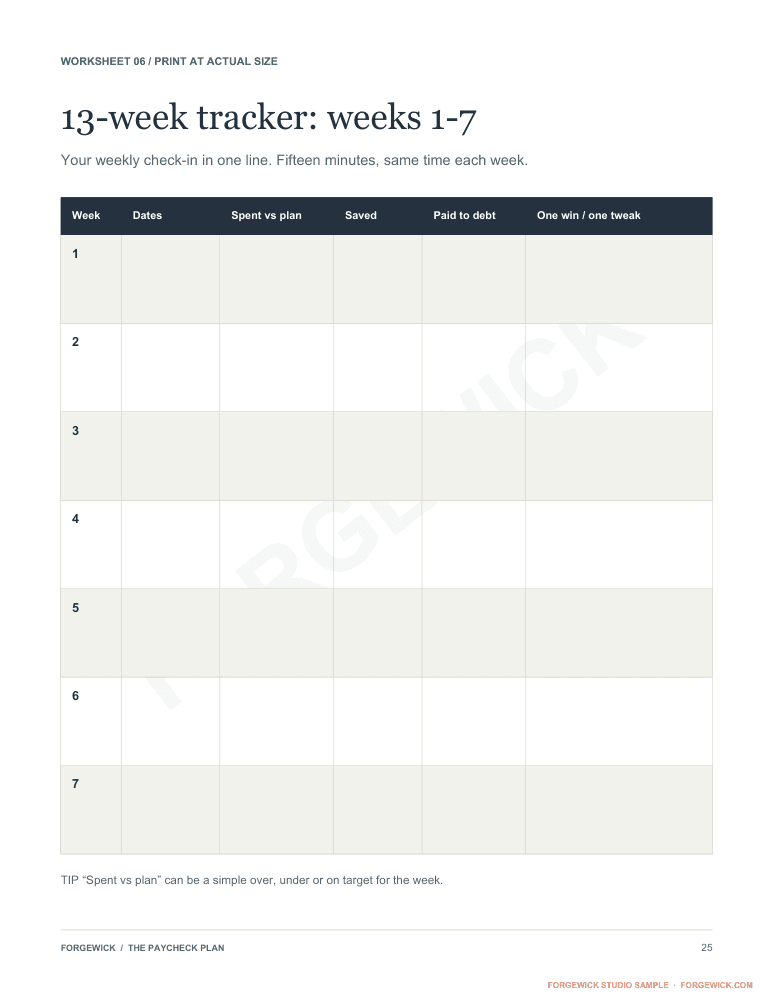 Page 25: a printable 13-week tracker worksheet for weeks 1 to 7