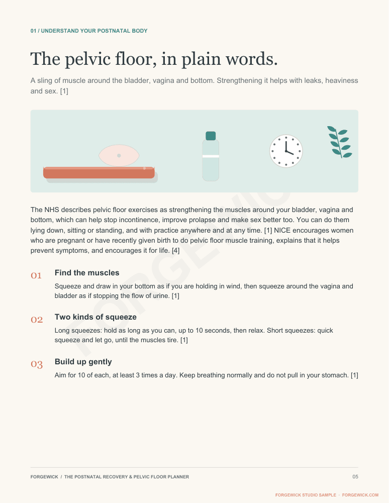 Page 5: the pelvic floor in plain words, with the NHS squeeze instructions