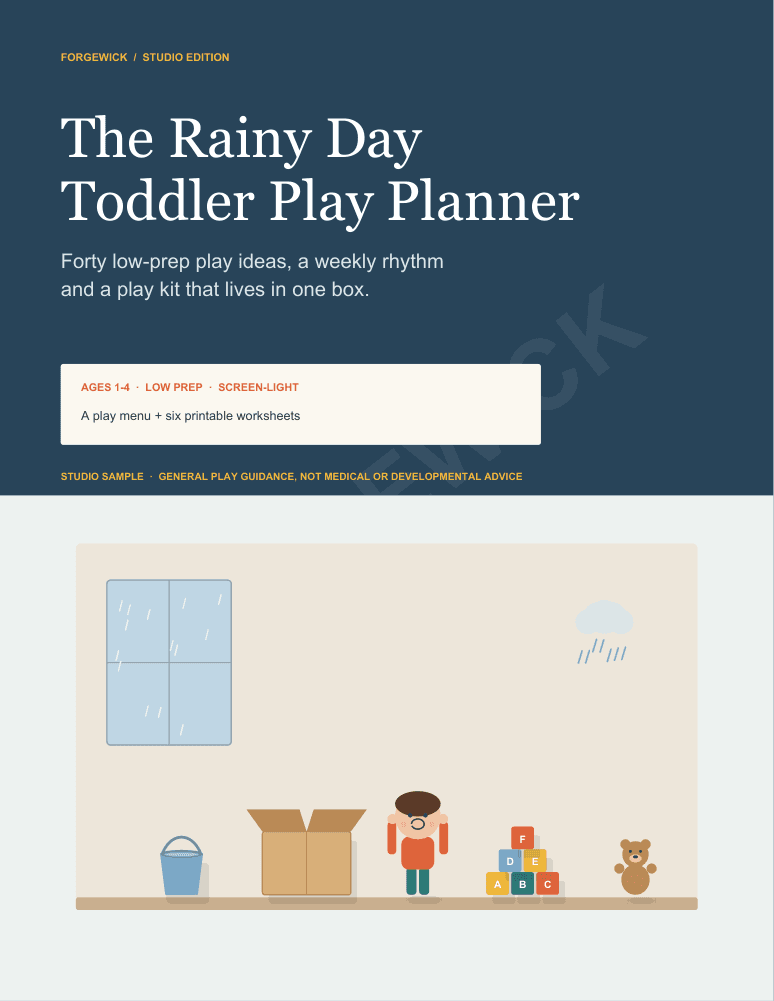 The actual cover of The First Loaf Sourdough Planner, a Forgewick studio edition with an illustrated toddler, a cardboard box, blocks, a bucket and a rainy window