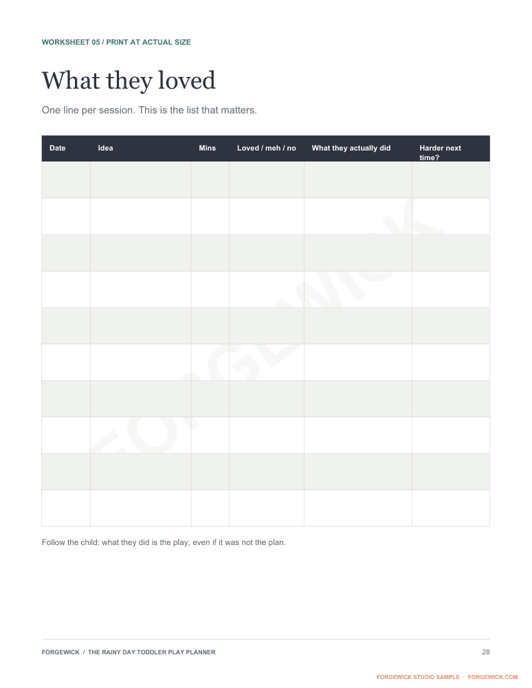 Page 28: a printable what-they-loved log