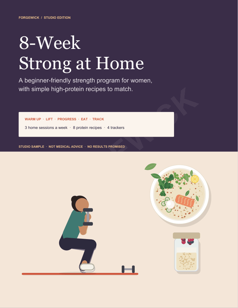 The actual cover of 8-Week Strong at Home, a Forgewick studio edition with an illustrated woman doing a goblet squat beside a salmon bowl and overnight oats