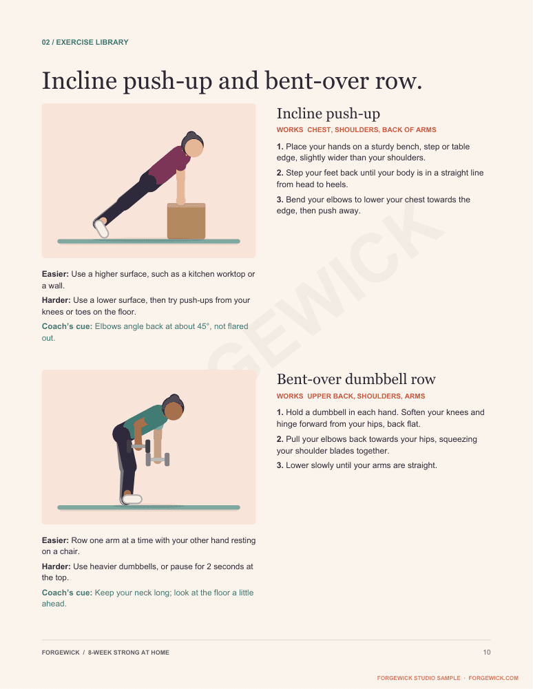 Page 10: illustrated incline push-up and bent-over dumbbell row with steps, easier and harder options and a coaching cue