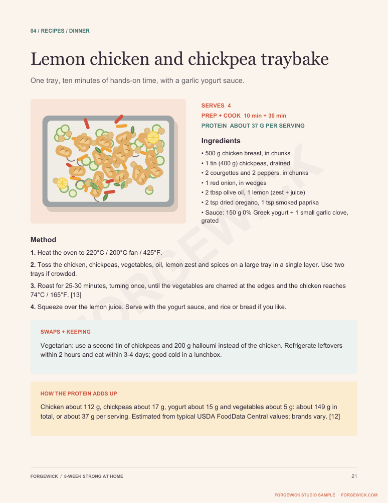 Page 21: the lemon chicken and chickpea traybake recipe with an illustration, ingredients, method and protein per serving