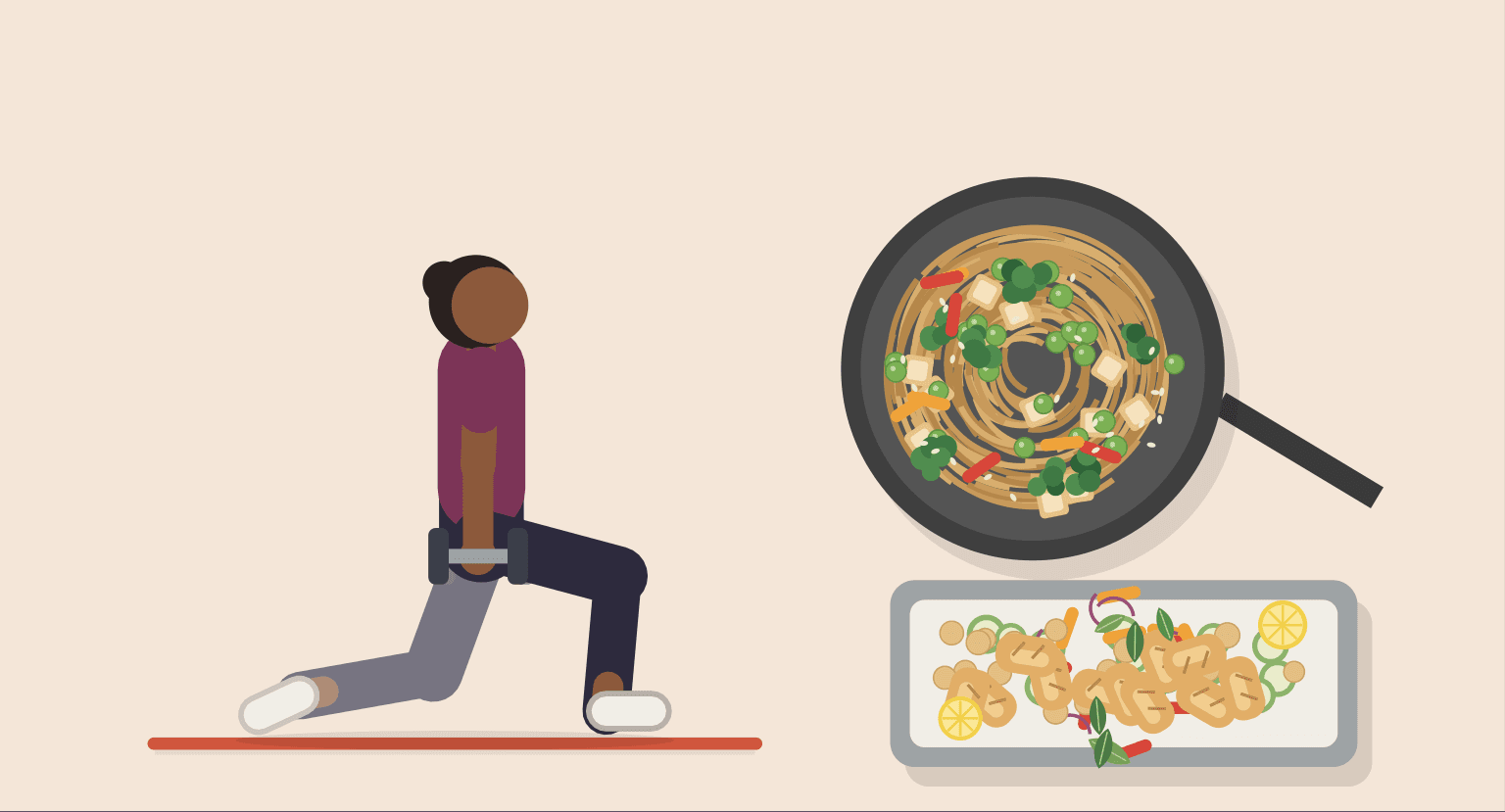 Original illustration from the ebook: a woman doing a dumbbell reverse lunge beside a pan of tofu noodles and a chicken traybake