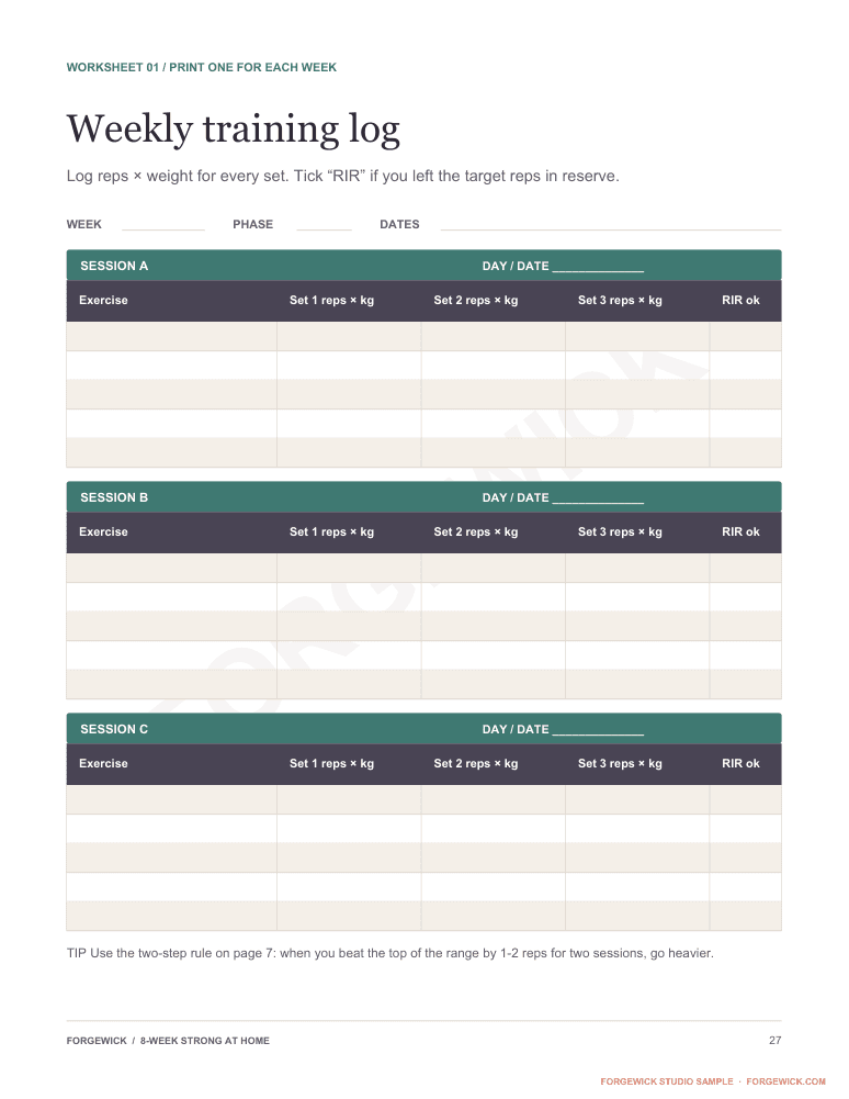 Page 27: a printable weekly training log for three sessions