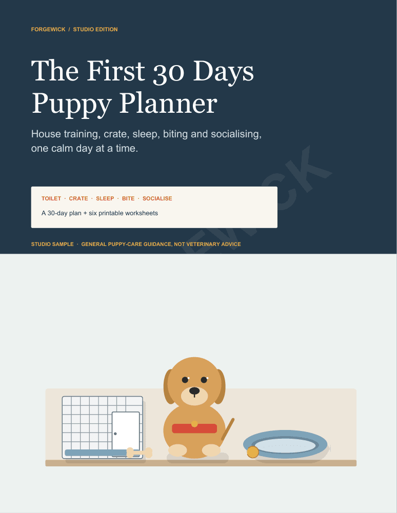 The actual cover of The First Loaf Sourdough Planner, a Forgewick studio edition with an illustrated puppy, a crate, a bed and a bowl