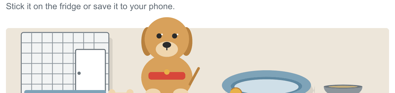 Original illustration from the ebook: a crate, a sitting puppy with a red collar, a bed, a ball and a bowl