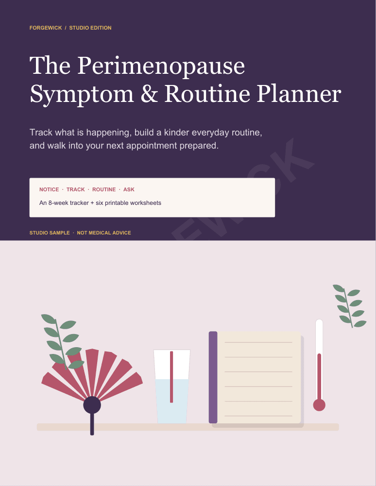 The actual cover of The Perimenopause Symptom & Routine Planner, a Forgewick studio edition with an illustrated fan, a glass of water, a notebook and a thermometer