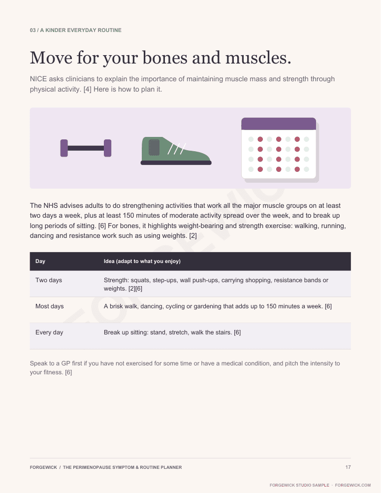 Page 17: movement for bones and muscles, strength on two days and 150 active minutes