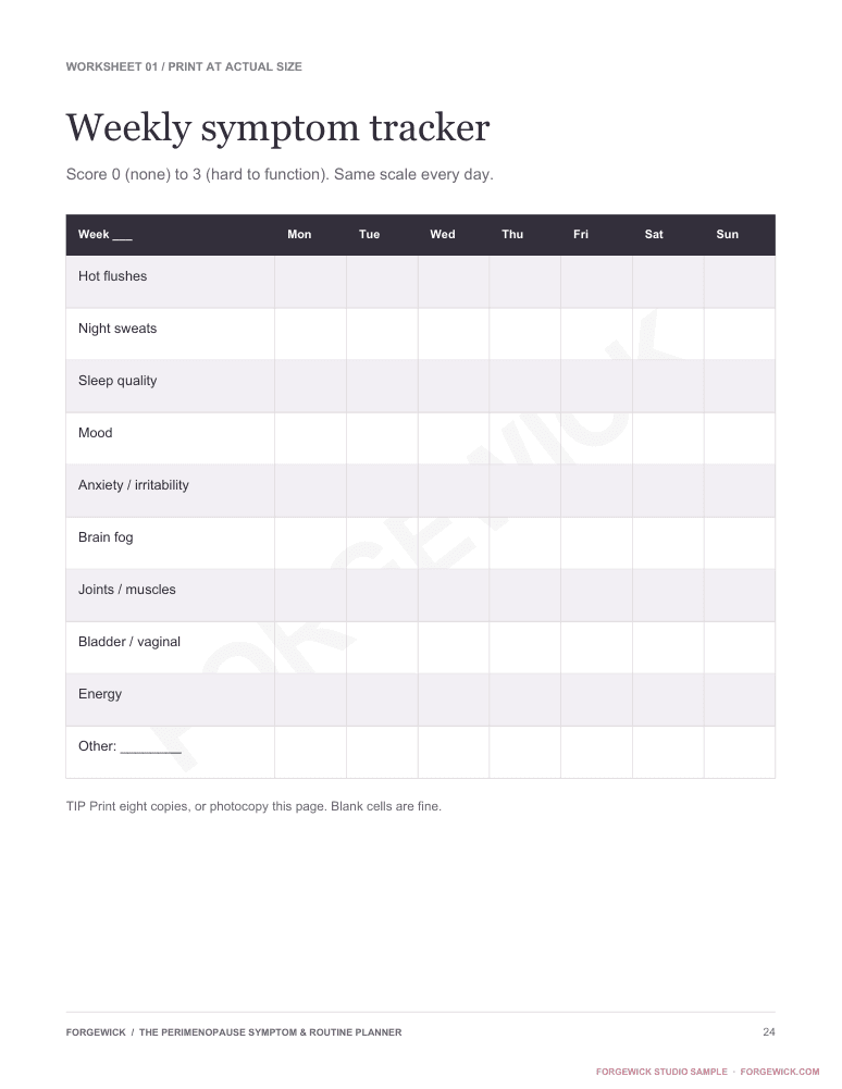 Page 24: a printable weekly symptom tracker scored 0 to 3