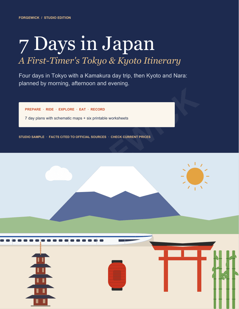 The actual cover of 7 Days in Japan, a Forgewick studio edition with an illustrated Mt Fuji, a bullet train, a pagoda, a red lantern and a torii gate