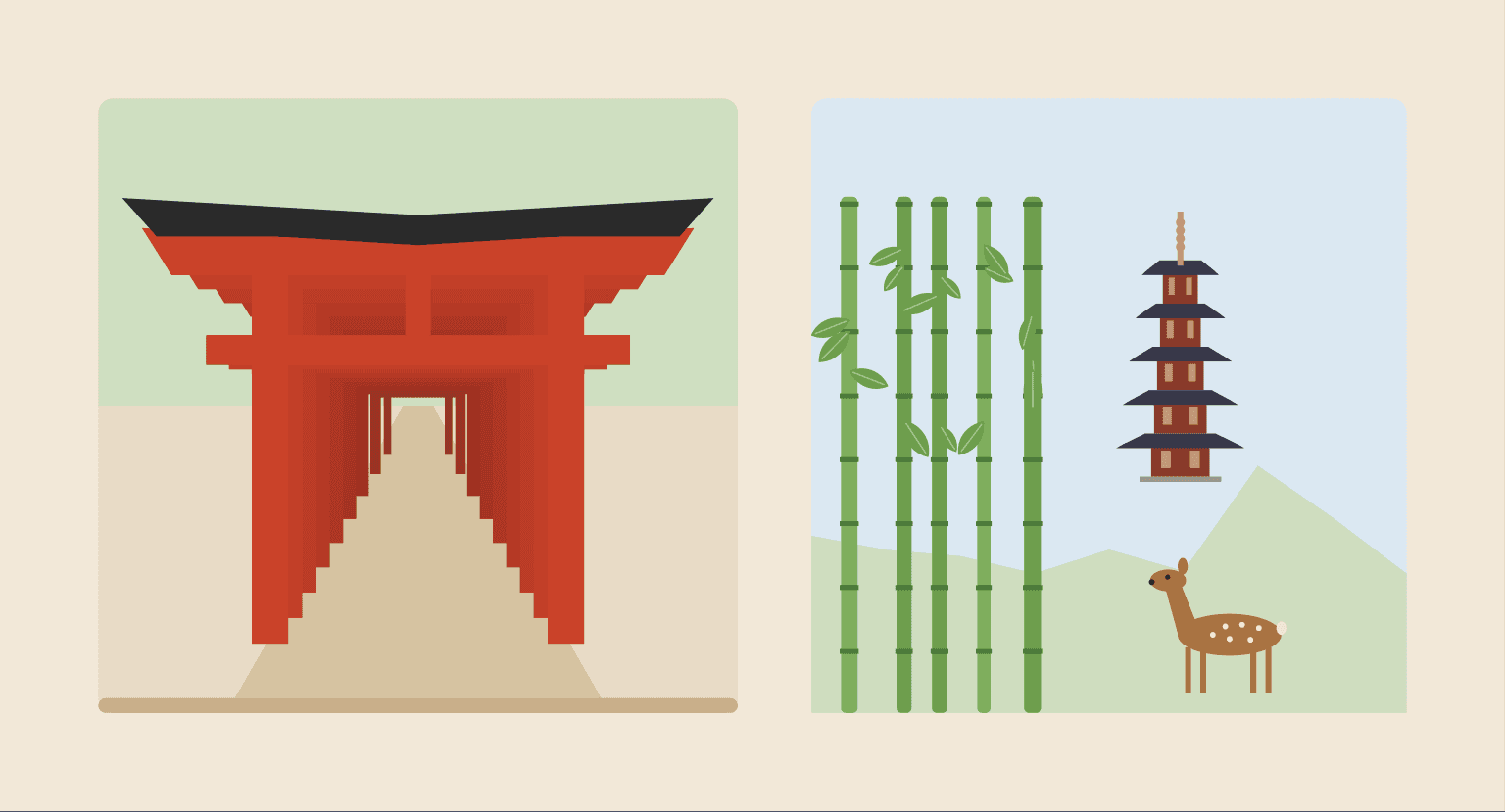 Original illustration from the ebook: a tunnel of red torii gates, bamboo, a pagoda and a deer